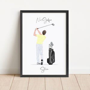 Personalised Male Golfer Print - Custom Portrait Wall Art Prints - Golf Lover Gifts For Him, Men, Boys - Dad, Grandad - Father&#39;s Day Gift