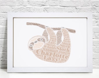 Personalised Sloth Print - Custom Word Wall Art - Childrens, Kids Birthday Gifts - For Him, Her, Men, Women, Girls, Boys - Friend, Mum, Dad