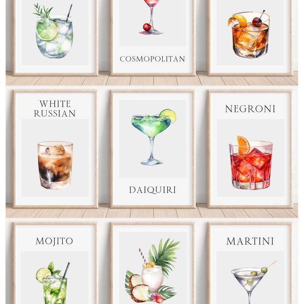 Set of 3 Watercolour Cocktail Prints, Alcohol Theme Wall Art Prints, Unframed Kitchen, Home Décor - A5 A4 A3 Gin, Cocktail Wall Art