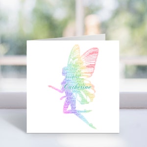 Personalised Rainbow Fairy Word Art Card - Fairy Themed Birthday Card - For Her, Women, Girls, Kids, Daughter, Granddaughter - Magical
