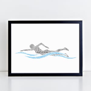 Gepersonaliseerde zwemster woordkunstdruk - fotocadeaus zwemmen thema - voor haar, vrouwen, meisjes - zeezwemafdrukken