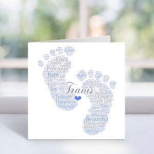 Personalisierte neue Baby Jungen Karte - Benutzerdefinierte Wortkunst Karte - Neugeborene Jungen Wortkunst Geschenke - Babys Namen Fußabdrücke Andenken - neue Eltern