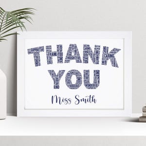 Personalised Thank You Word Art Print, Teacher Gratitude Gift, Custom Wall Art Framed Picture, Present For Men, Women NL