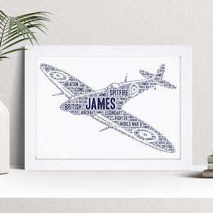 Personalised Spitfire Word Art Print, World War 2, Father&#39;s Day Gift, Custom Wall Art Framed Picture, Present For Him, Men NL