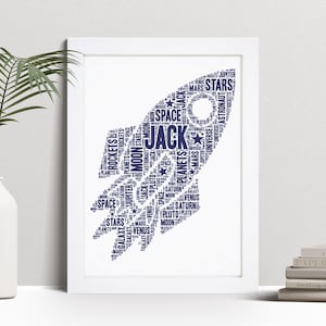Personalisierte Rakete Wort Kunstdruck, Weltraum Thema Schlafzimmer Dekor, Benutzerdefinierte Wandkunst gerahmtes Bild Geschenk für Kinder, Kids NL