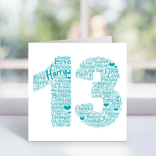 Personalised 13th Birthday Word Art Card - Age 13 Year Old - Childrens Teenager Card - For Boys, Girls, Kids - Son, Daughter