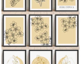 Printable Set of 3 Yellow Boho Floral Wall Art Prints, Yellow Minimalistic Flower Art, Digital Download Home Décor