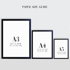 May include: A guide to paper sizes with three black frames showing the dimensions of A3, A4, and A5 paper. The dimensions are listed in both centimeters and inches.