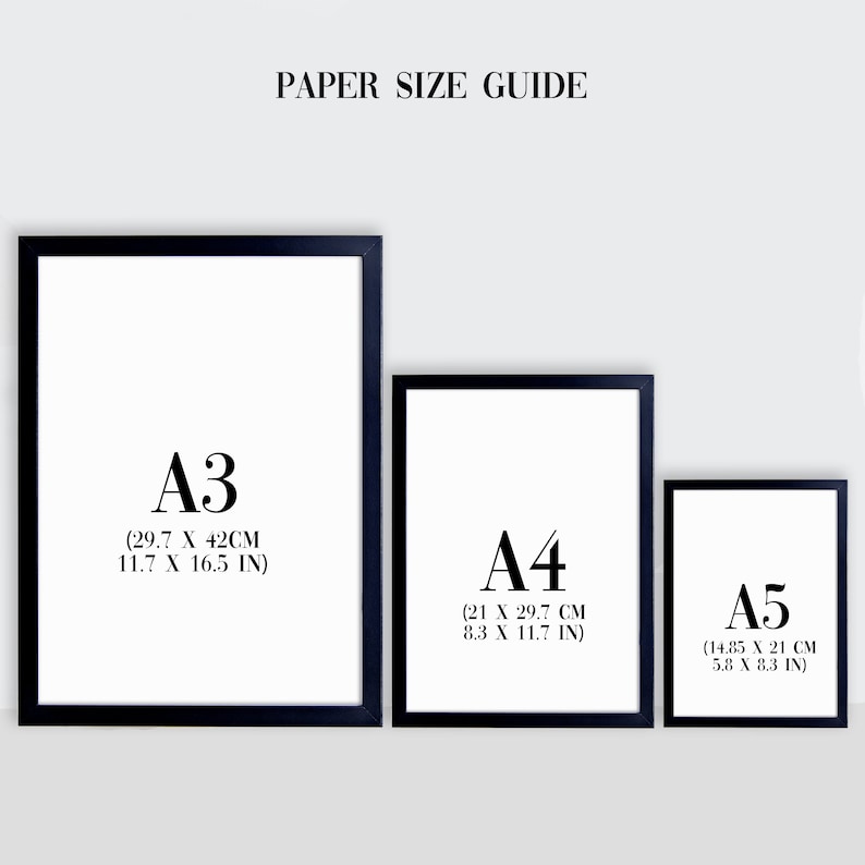 May include: A guide to paper sizes with three black frames showing the dimensions of A3, A4, and A5 paper. The dimensions are listed in both centimeters and inches.
