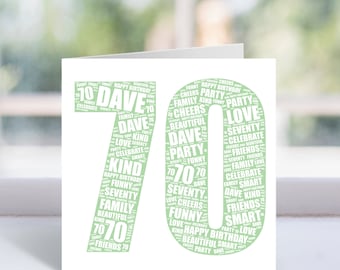 Personalised 70 Word Art Card - 70th Birthday Card - For Him, Her, Men, Women - Friend, Mum, Dad, Nan, Grandad