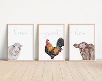 Set of 3 Watercolour Farm Animal Wall Art Prints,  Farm House Style Art, Sheep, Cockrill, Cow, Farm Animals Art, Home Décor A5 A4 A3 Poster