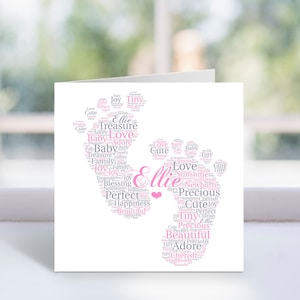Tarjeta personalizada para recién nacida - Tarjeta personalizada con palabras en arte - Regalos con palabras en arte para niña recién nacida - Recuerdo con huellas de los nombres del bebé - Nuevos padres