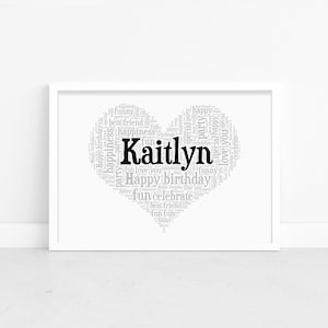 Personalised Heart Word Art Print, Name Gift, Custom Wall Art Framed Picture, Present For Women, Girls NL