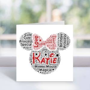 Spersonalizowana karta Myszki Minnie - spersonalizowana karta z grafiką słowną - kartki urodzinowe - dla niej, kobiet, dziewcząt, dzieci - przyjaciółki, córki - inspirowane Disneyem