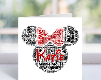 Personalised Minnie Mouse Card - Custom Word Art Card - Birthday Cards - For Her, Women, Girls, Kids - Friend, Daughter - Disney Inspired