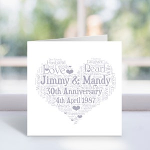 Tarjeta de aniversario personalizada con forma de corazón para el 30.° aniversario: arte de palabras personalizado, tarjeta de aniversario, para parejas, mamá y papá, padres, bodas de perla