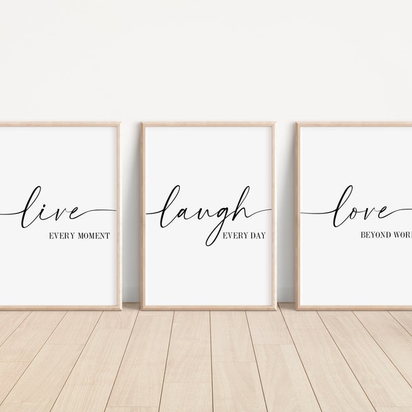 Live Laugh Love Set of 3 Digital Prints, Printable Living Room Wall Art Prints, Poster - Printable Hallway Home Décor, Typography Print