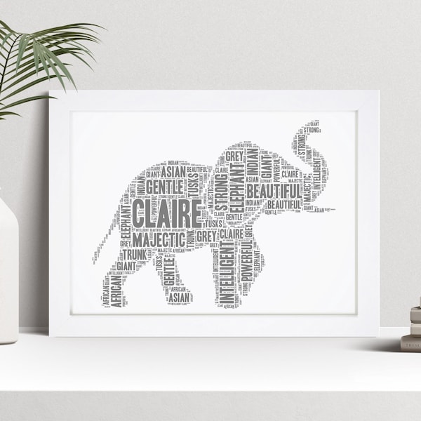 Personalised Elephant Word Art Print, Animal Lover Gift, Custom Wall Art Framed Picture, Present For Him, Her, Men, Women, Kids NL