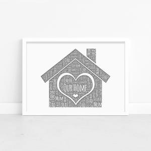 Lámina personalizada de casa - Arte mural con la palabra &quot;Nuevo hogar&quot; - Regalos para inauguración de casa - Para él, ella, parejas, familia - Marco decorativo para el hogar