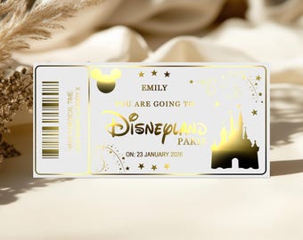 Personalised Disneyland Paris Metallic Foil Ticket, Surprise Reveal Custom Gift Voucher