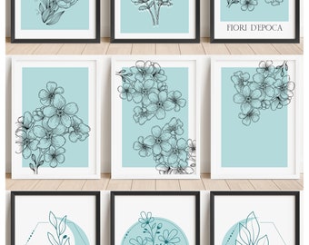 Set of 3 Teal Boho Floral Wall Art Prints,  Teal Minimalistic Flower Art, Home Décor A5 A4 A3 Poster