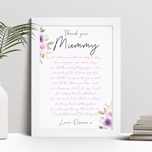 Personalised Mummy Poem Print, Mother&#39;s Day, Birthday Gift, Custom Wall Art Framed Picture, Thank You Present For Mum, Nan, Nanny NL