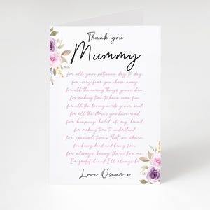 Personalisierte Mumien-Gedicht-Karte - Danke, Geburtstag, kundenspezifisches Muttertags-Andenken, für Mutter, Nan, Kindermädchen vom Sohn, Tochter NL