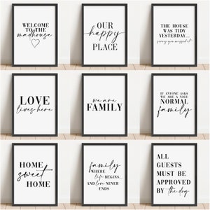 Familiecitaatprints, woonkamermuurkunstprints, niet ingelijste halposter - hal, overloop woondecoratie, wit en zwart A5, A4 en A3