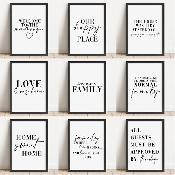 Family Quote Prints, Living Room Wall Art Prints, Unframed Hallway Poster - Entryway, Landing Home Décor, White and Black A5 A4 A3 Print