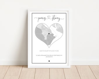 New Home Heart, Personalised Map Location Print, Unique First Home, Forever Home Congratulations Gift For Him & Her - Keepsake Gifts