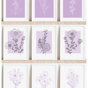 Printable Set of 3 Abstract Floral Wall Art Prints, Purple, Lilac Minimalistic Boho, Digital Download Home Décor