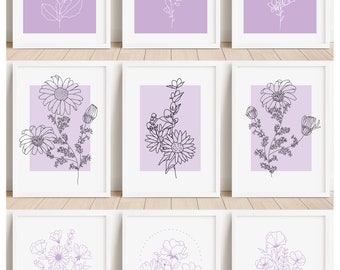 Printable Set of 3 Abstract Floral Wall Art Prints, Purple, Lilac Minimalistic Boho, Digital Download Home Décor