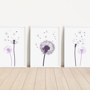 Set of 3 Dandelion Wall Art Prints, Purple Home Decor, Nature Print - Minimalistic Boho, Home Décor Poster