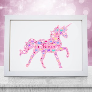 Personalised Unicorn Print - Custom Name Wall Art Frame - Childrens Birthday Gifts - For Girls, Kids - Pink, Purple Bedroom Accessories