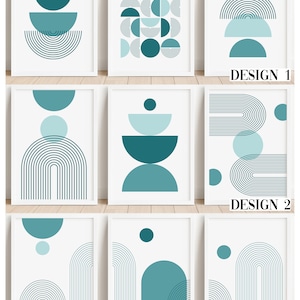 Set of 3 Geometric Shapes Wall Art Prints - Modern Mid Century, Teal ...