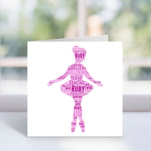 Personalised Ballerina Word Art Card - Ballet Dancer Themed Birthday Gifts For Girls, Kids, Childrens - Daughter, Granddaughter, Niece