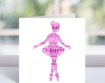 Personalised Ballerina Word Art Card - Ballet Dancer Themed Birthday Gifts For Girls, Kids, Childrens - Daughter, Granddaughter, Niece