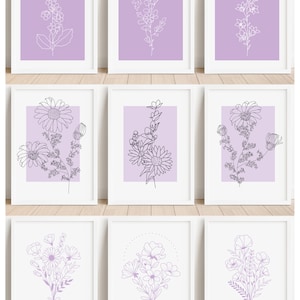 Set of 3 Abstract Floral Wall Art Prints,  Purple, Lilac Minimalistic Boho, Home Décor Poster