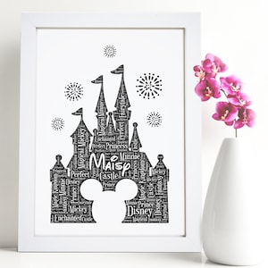 Impresión personalizada de un castillo de cuento de hadas - Arte mural con palabras personalizadas - Cumpleaños, regalos - Para ella, niña, niño, niña - Inspirado en Disney