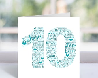 Personalised 10th Birthday Word Art Card - Age 10 Year Old - Childrens Keepsake - For Boys, Girls, Kids - Son, Daughter