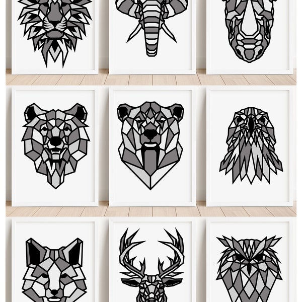 Set of 3 Grey Polygon Animal Wall Art Prints,  Grey Geometric Animals Art, Home Décor A5 A4 A3 Poster