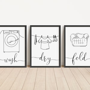 Set of 3 Laundry Room Prints, Wash Dry Fold Wall Art Print, Unframed Washing Artwork, Utility Room Décor - A5 A4 A3 Black And White Line Art