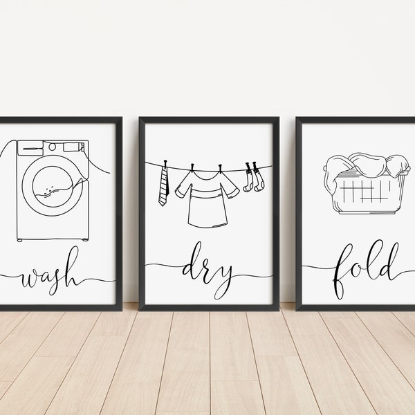 Set of 3 Laundry Room Prints, Wash Dry Fold Wall Art Print, Unframed Washing Artwork, Utility Room Décor - A5 A4 A3 Black And White Line Art