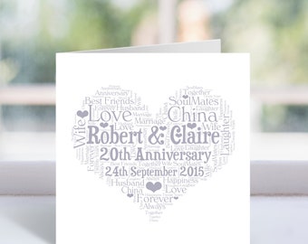 Personalised 20th Anniversary Heart Card - Custom Word Art - Anniversary Card - For Couples, Mum And Dad, Parents, China, Wedding