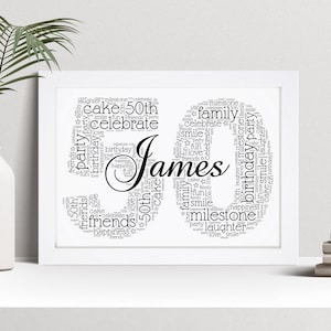 Personalised 50th Word Art Print, 50th Birthday Gift, Custom Wall Art Framed Picture, Present For Him, Her, Men, Women NL