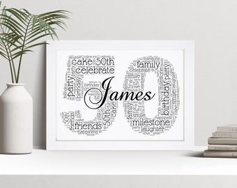Personalised 50th Word Art Print, 50th Birthday Gift, Custom Wall Art Framed Picture, Present For Him, Her, Men, Women NL