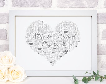 Personalised Heart Print - Custom Word Wall Art Frame - She Said Yes - Engagement Keepsake Gifts - For Couples, Friend, Brother, Sister