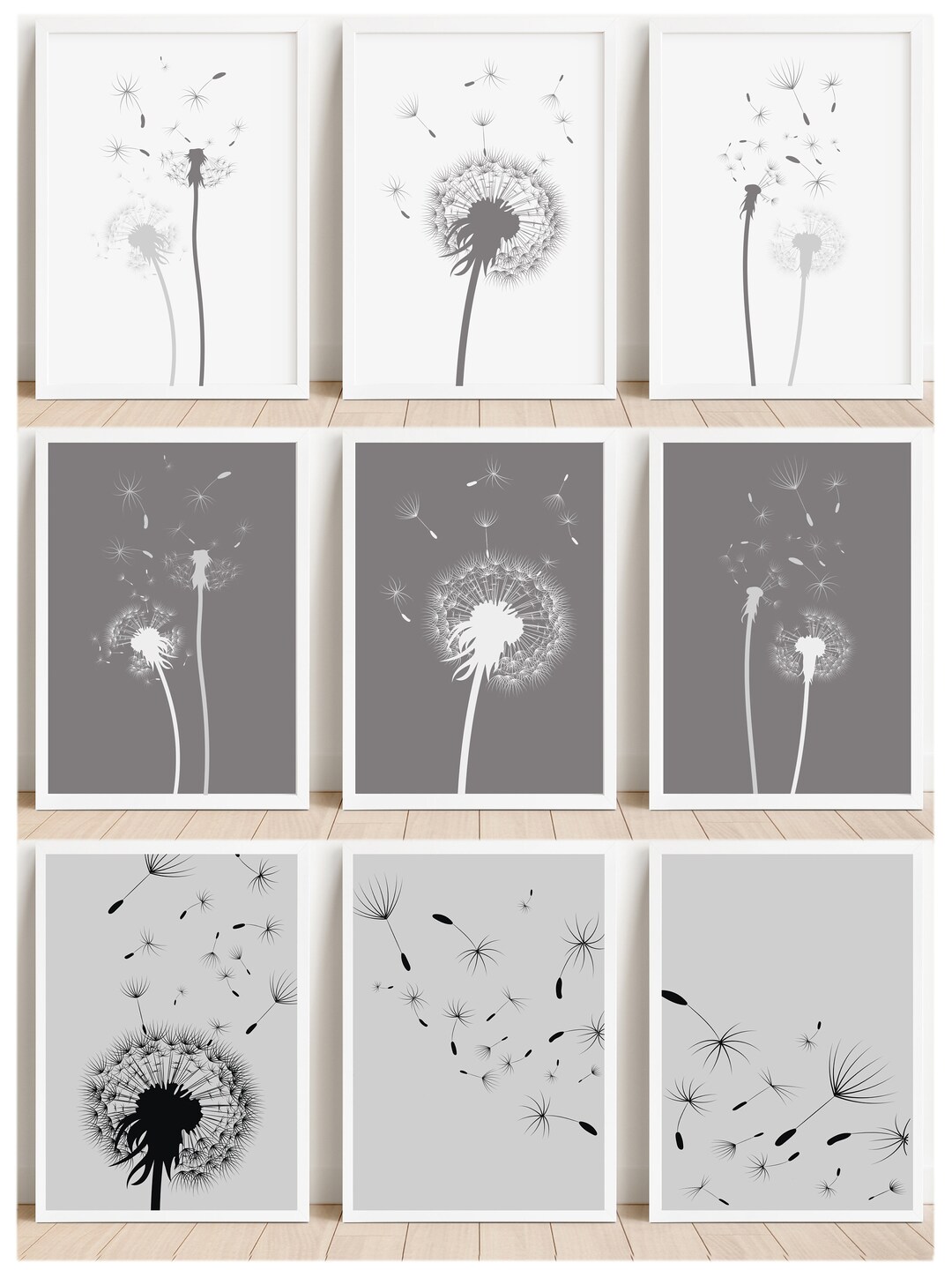 Printable Set of 3 Dandelion Wall Art Prints, Grey Décor, Minimalistic