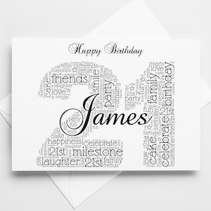 Biglietto d'auguri personalizzato per il 21° compleanno con parole artistiche - Ricordo personalizzato per il 21° compleanno, per lui, per lei, per figlio, per figlia NL