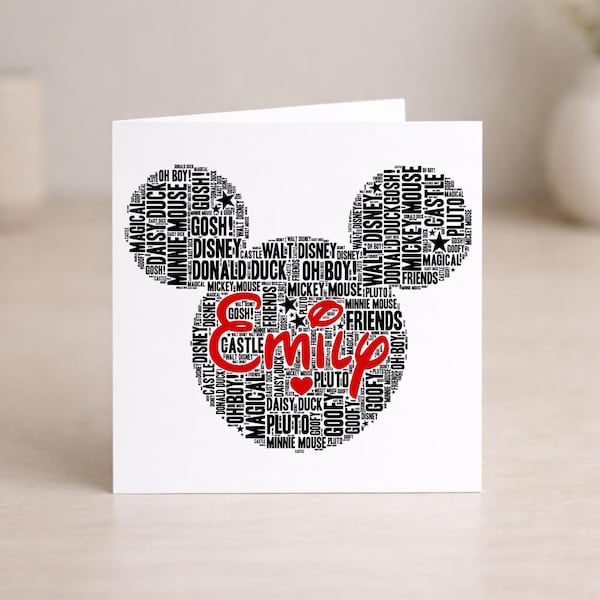 Tarjeta personalizada de Mickey Mouse con texto en inglés "Cumpleaños de Disney"